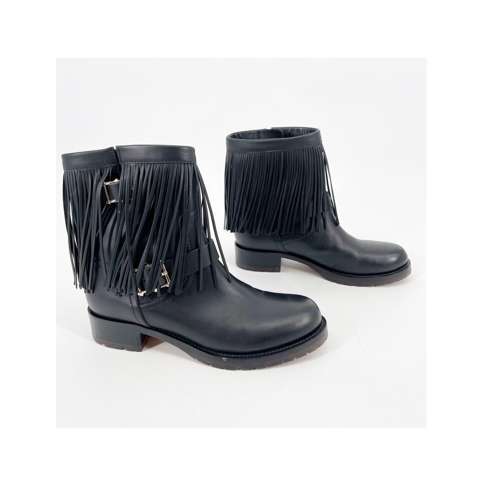 Valentino Garavani Black Leather Fringe Rockstud Biker Moto Combat Boots EU 37
